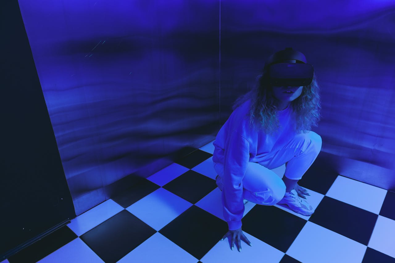 An engaging VR session with vibrant blue LED lights and checkered flooring.