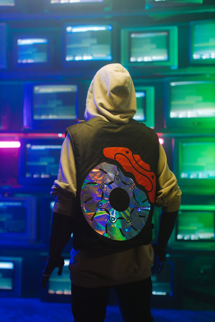 Person wearing a trendy hooded outfit stands before a wall of retro TVs, showcasing unique streetwear fashion.
